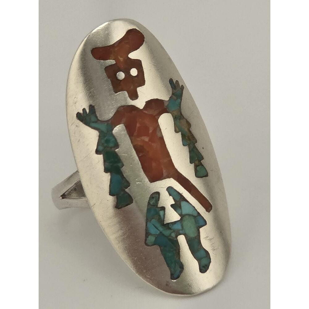 Kokopelli turquoise chips sterling silver Ring Native American Size 9